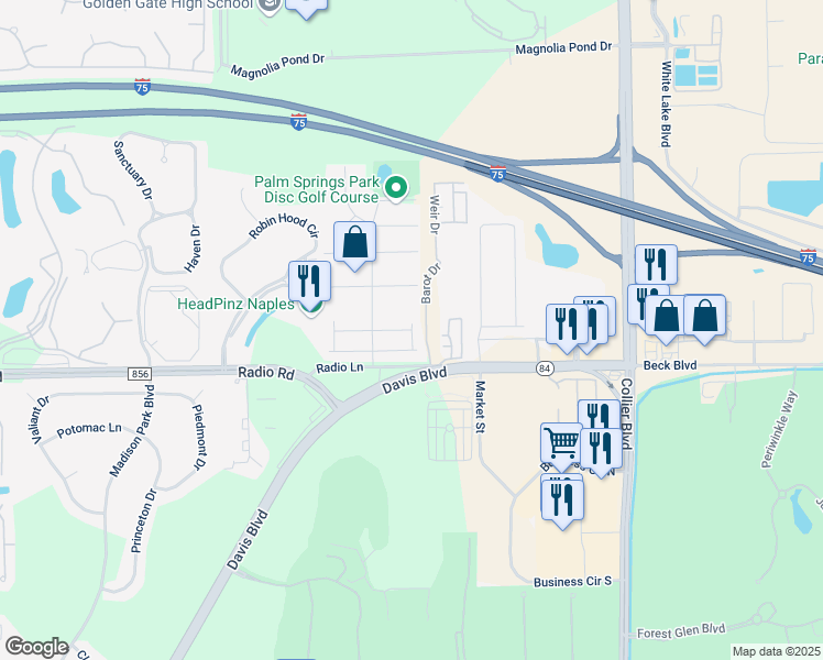 map of restaurants, bars, coffee shops, grocery stores, and more near Wickham Street in Collier County