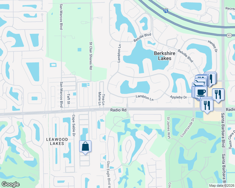 map of restaurants, bars, coffee shops, grocery stores, and more near 650 Lambton Lane in Naples