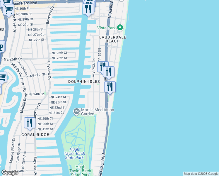 map of restaurants, bars, coffee shops, grocery stores, and more near 2140 North Ocean Boulevard in Fort Lauderdale