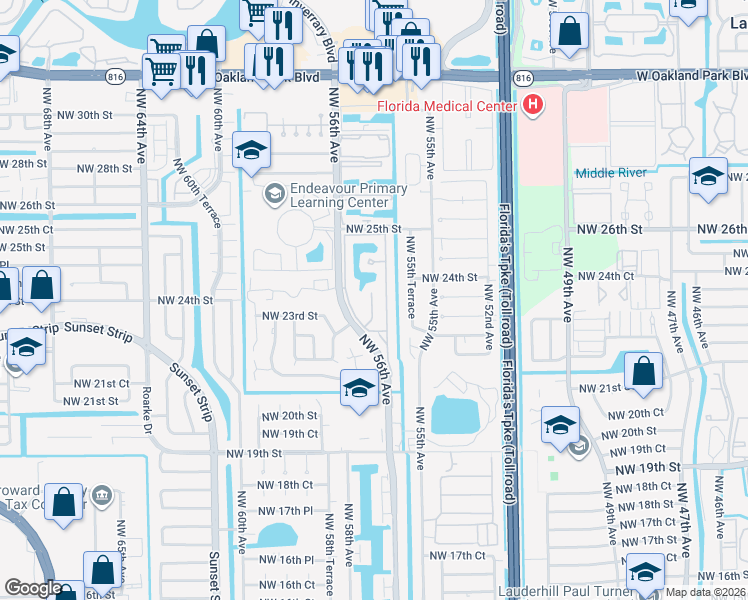 map of restaurants, bars, coffee shops, grocery stores, and more near 2268 Northwest 56th Avenue in Lauderhill