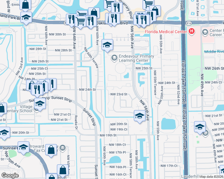 map of restaurants, bars, coffee shops, grocery stores, and more near 2313 Northwest 59th Way in Lauderhill