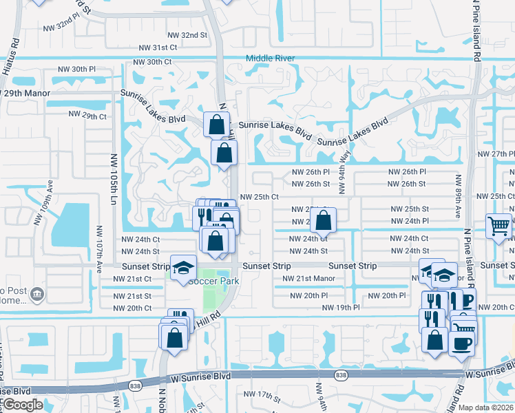 map of restaurants, bars, coffee shops, grocery stores, and more near 9877 Northwest 24th Place in Sunrise