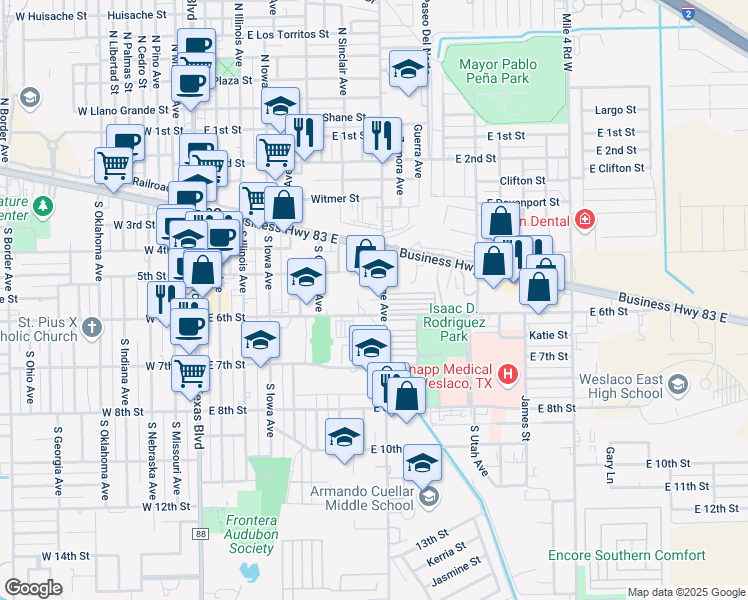 map of restaurants, bars, coffee shops, grocery stores, and more near 522 South Bridge Avenue in Weslaco