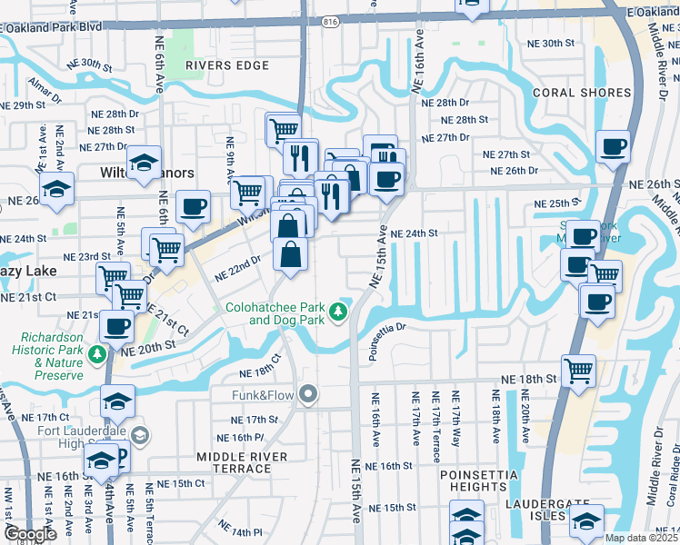 map of restaurants, bars, coffee shops, grocery stores, and more near 2109 Northeast 14th Avenue in Wilton Manors