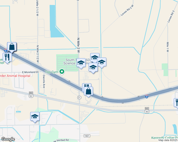 map of restaurants, bars, coffee shops, grocery stores, and more near Med High Drive in Mercedes