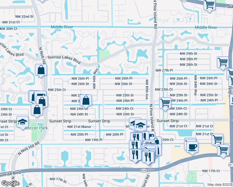 map of restaurants, bars, coffee shops, grocery stores, and more near 9241 Northwest 25th Street in Sunrise
