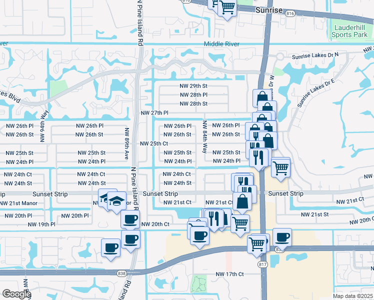 map of restaurants, bars, coffee shops, grocery stores, and more near 8521 Northwest 24th Place in Sunrise
