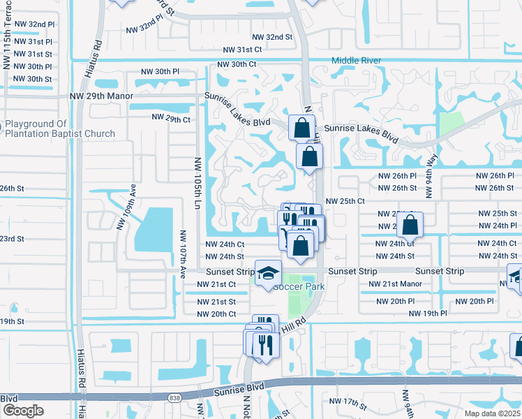map of restaurants, bars, coffee shops, grocery stores, and more near 203 Northwest 24th Place in Sunrise