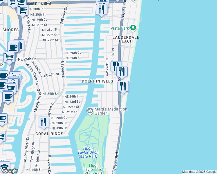 map of restaurants, bars, coffee shops, grocery stores, and more near 3200 Northeast 21st Street in Fort Lauderdale