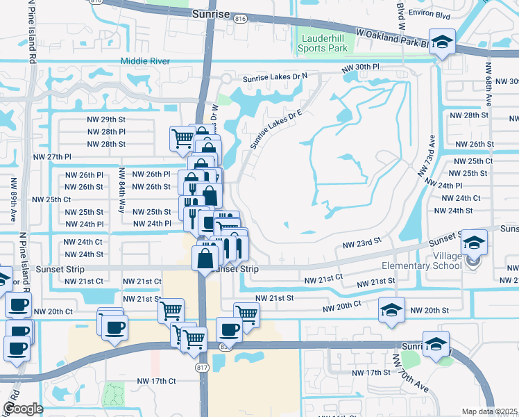 map of restaurants, bars, coffee shops, grocery stores, and more near 2491 Aragon Boulevard in Sunrise