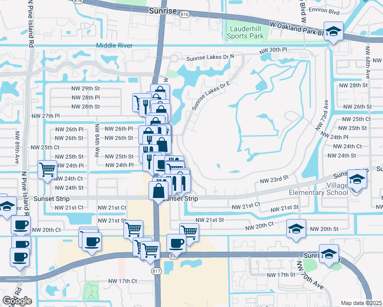 map of restaurants, bars, coffee shops, grocery stores, and more near 2320 Northwest 81st Avenue in Sunrise