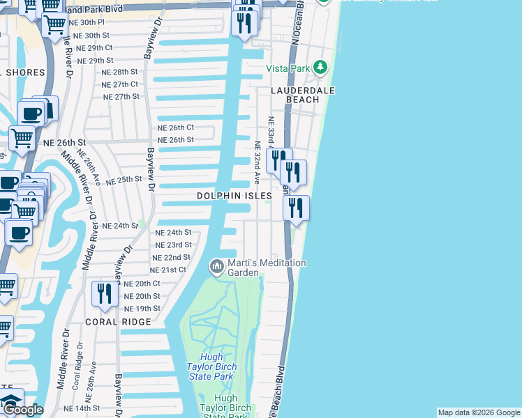 map of restaurants, bars, coffee shops, grocery stores, and more near 3200 Northeast 21st Street in Fort Lauderdale