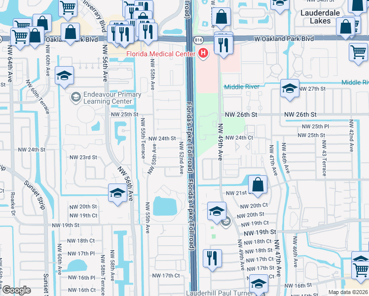 map of restaurants, bars, coffee shops, grocery stores, and more near 2230 Northwest 52nd Avenue in Lauderhill