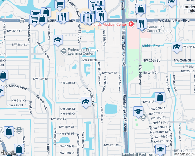 map of restaurants, bars, coffee shops, grocery stores, and more near 2302 Northwest 55th Way in Lauderhill