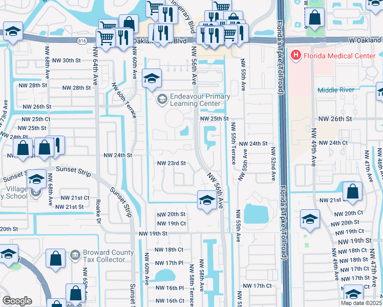 map of restaurants, bars, coffee shops, grocery stores, and more near 2253 Northwest 57th Avenue in Lauderhill