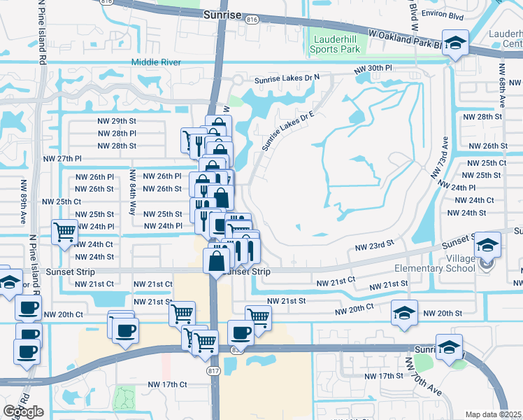 map of restaurants, bars, coffee shops, grocery stores, and more near 2320 Northwest 81st Avenue in Sunrise