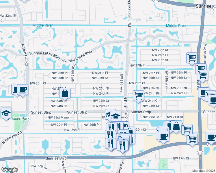 map of restaurants, bars, coffee shops, grocery stores, and more near 9111 Northwest 24th Place in Sunrise