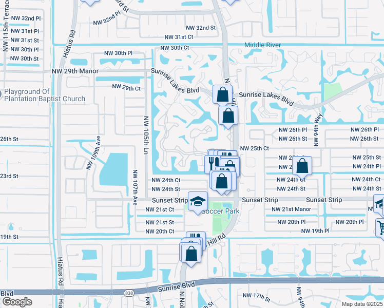 map of restaurants, bars, coffee shops, grocery stores, and more near 203 Northwest 24th Place in Sunrise