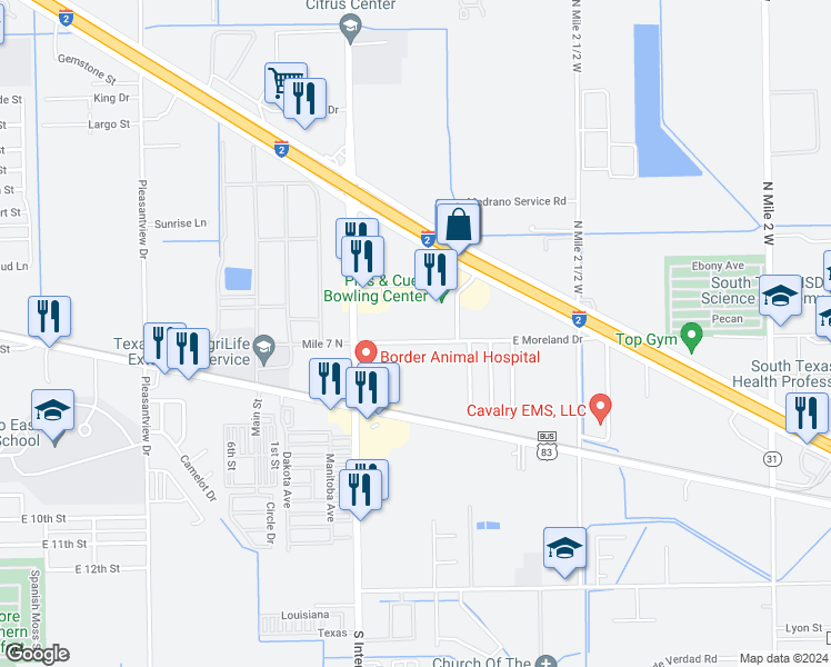 map of restaurants, bars, coffee shops, grocery stores, and more near 3533 East Moreland Drive in Weslaco