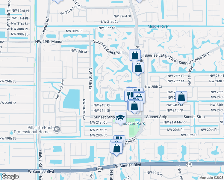 map of restaurants, bars, coffee shops, grocery stores, and more near 10368 Northwest 24th Place in Sunrise