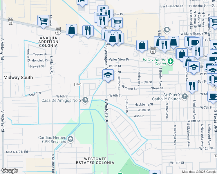 map of restaurants, bars, coffee shops, grocery stores, and more near 501 South Westgate Drive in Weslaco