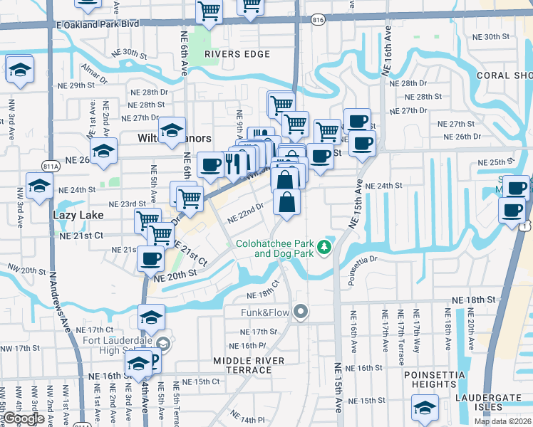 map of restaurants, bars, coffee shops, grocery stores, and more near 2131 Northeast 11th Avenue in Wilton Manors