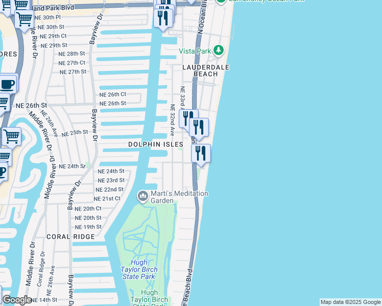 map of restaurants, bars, coffee shops, grocery stores, and more near 2201 North Ocean Boulevard in Fort Lauderdale
