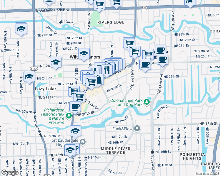 map of restaurants, bars, coffee shops, grocery stores, and more near 2301 Wilton Drive in Wilton Manors