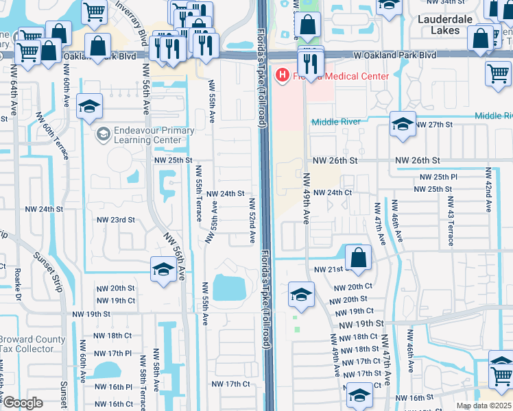map of restaurants, bars, coffee shops, grocery stores, and more near 2332 Northwest 52nd Avenue in Lauderhill