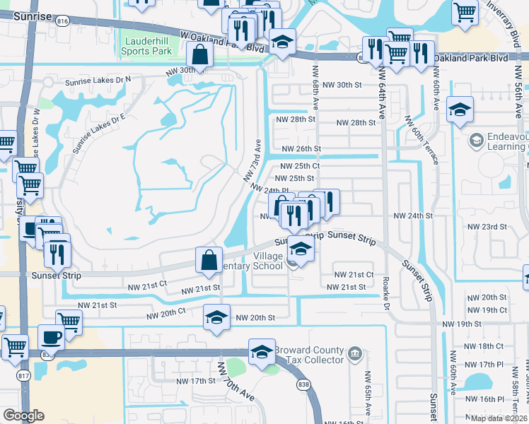 map of restaurants, bars, coffee shops, grocery stores, and more near 7151 Northwest 24th Court in Sunrise