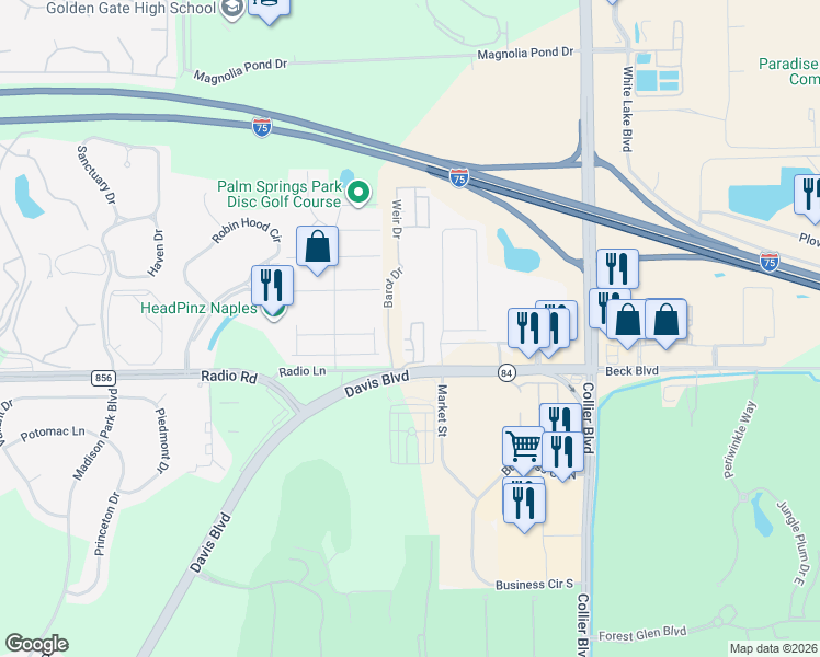 map of restaurants, bars, coffee shops, grocery stores, and more near 127 Saddlebrook Circle in Naples