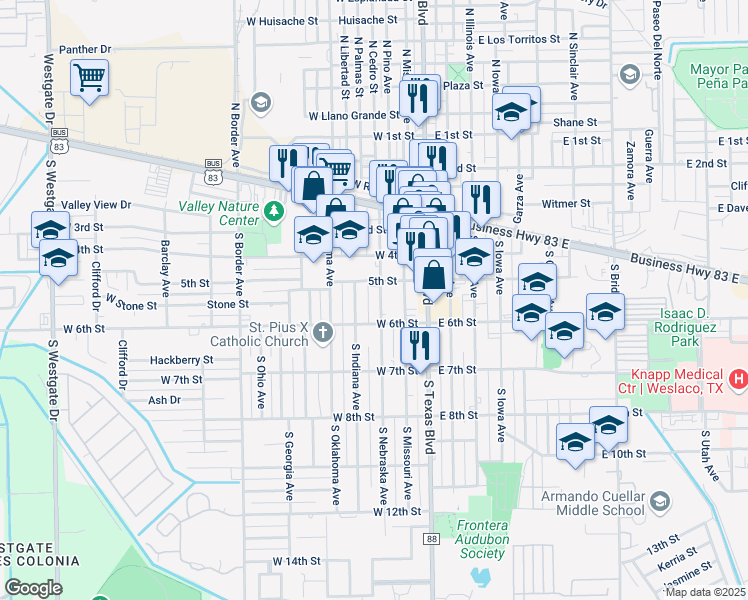 map of restaurants, bars, coffee shops, grocery stores, and more near 313 5th Street in Weslaco