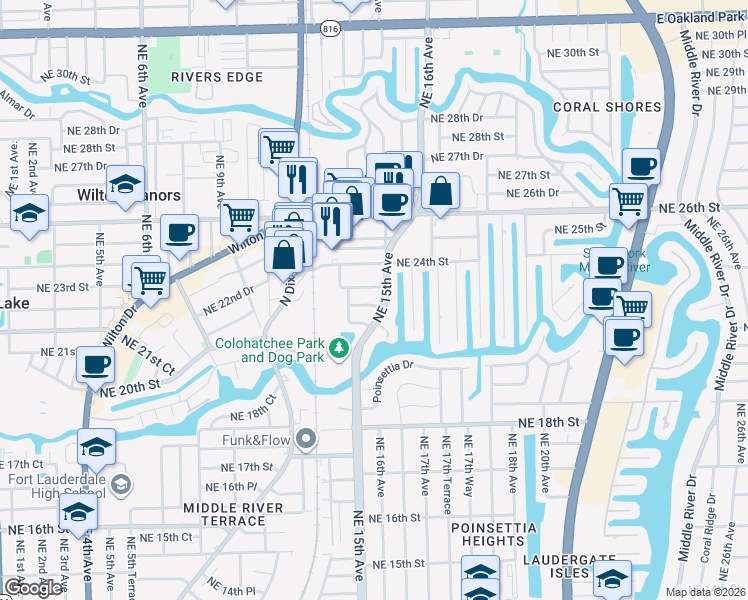 map of restaurants, bars, coffee shops, grocery stores, and more near 1459 Northeast 23rd Street in Wilton Manors