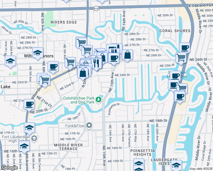 map of restaurants, bars, coffee shops, grocery stores, and more near 1459 Northeast 23rd Street in Wilton Manors