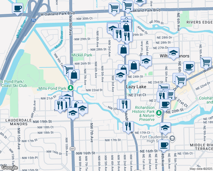 map of restaurants, bars, coffee shops, grocery stores, and more near 2300 Northwest 5th Avenue in Wilton Manors