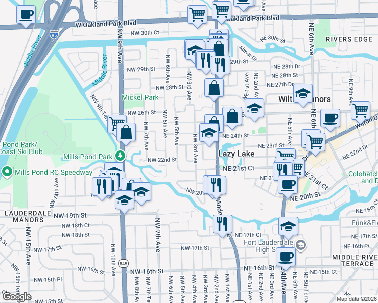 map of restaurants, bars, coffee shops, grocery stores, and more near 2300 Northwest 5th Avenue in Wilton Manors