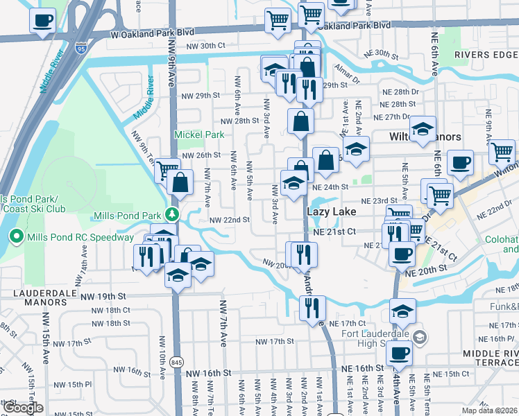 map of restaurants, bars, coffee shops, grocery stores, and more near 2300 Northwest 5th Avenue in Wilton Manors