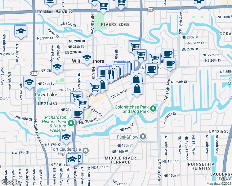 map of restaurants, bars, coffee shops, grocery stores, and more near 2291 Northeast 9th Avenue in Wilton Manors