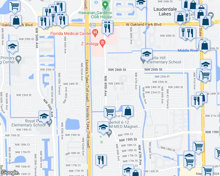 map of restaurants, bars, coffee shops, grocery stores, and more near in Lauderdale Lakes