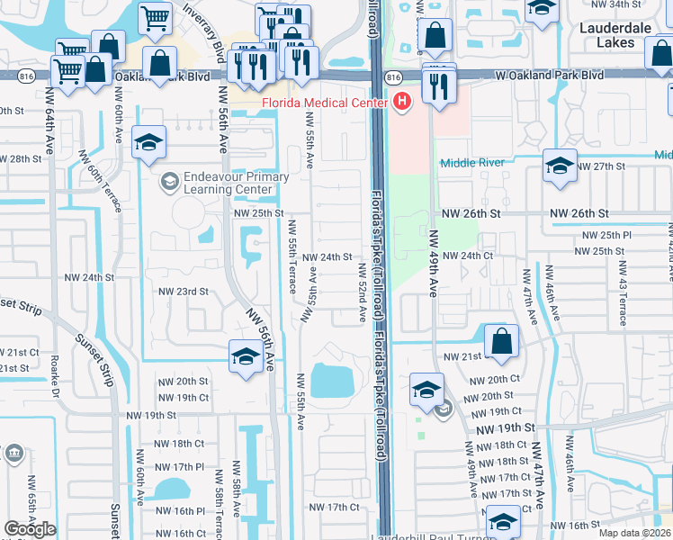 map of restaurants, bars, coffee shops, grocery stores, and more near 5307 Northwest 24th Street in Lauderhill