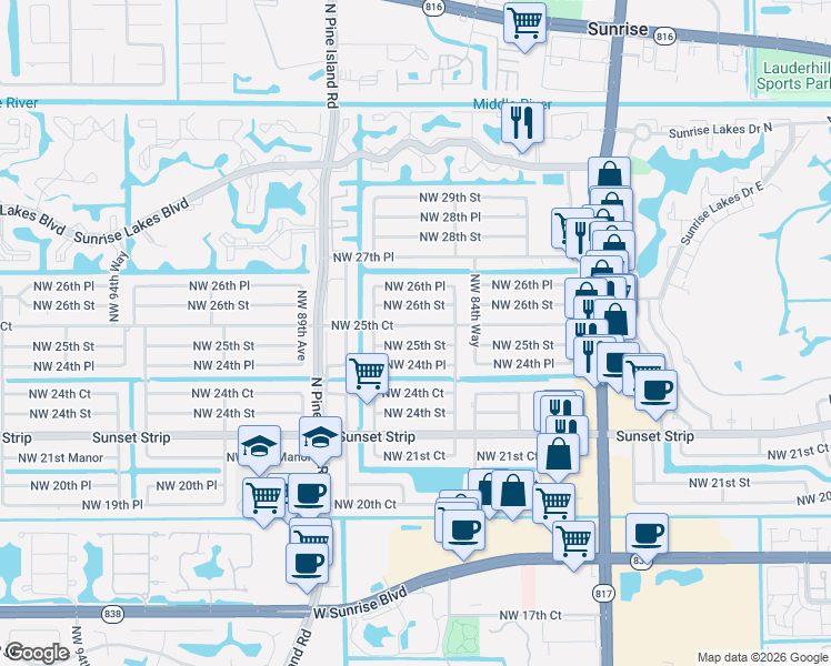 map of restaurants, bars, coffee shops, grocery stores, and more near 8631 Northwest 25th Court in Sunrise