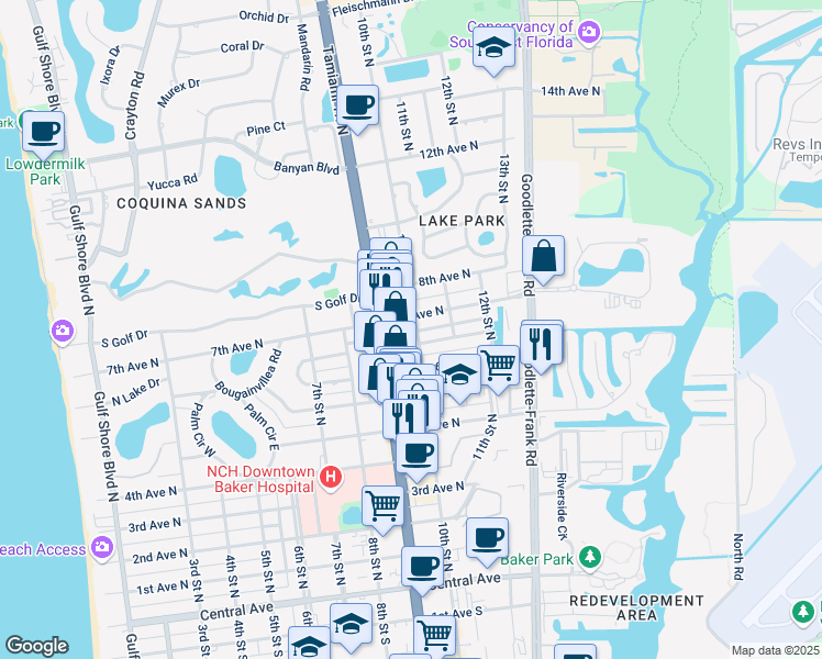 map of restaurants, bars, coffee shops, grocery stores, and more near 1055 7th Avenue North in Naples