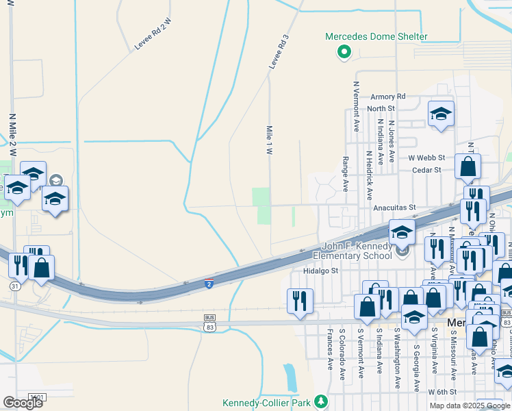 map of restaurants, bars, coffee shops, grocery stores, and more near Mile 7 North in Mercedes