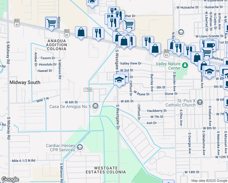 map of restaurants, bars, coffee shops, grocery stores, and more near 501 South Westgate Drive in Weslaco