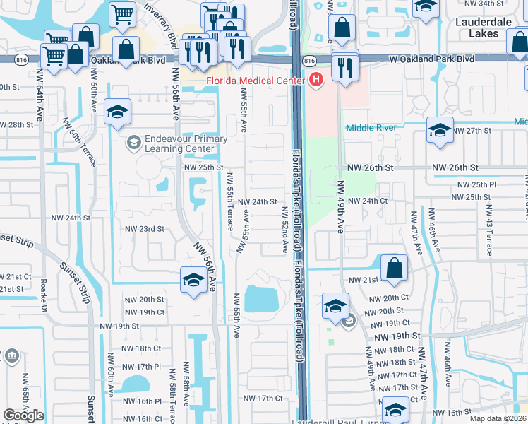 map of restaurants, bars, coffee shops, grocery stores, and more near 5307 Northwest 24th Street in Lauderhill