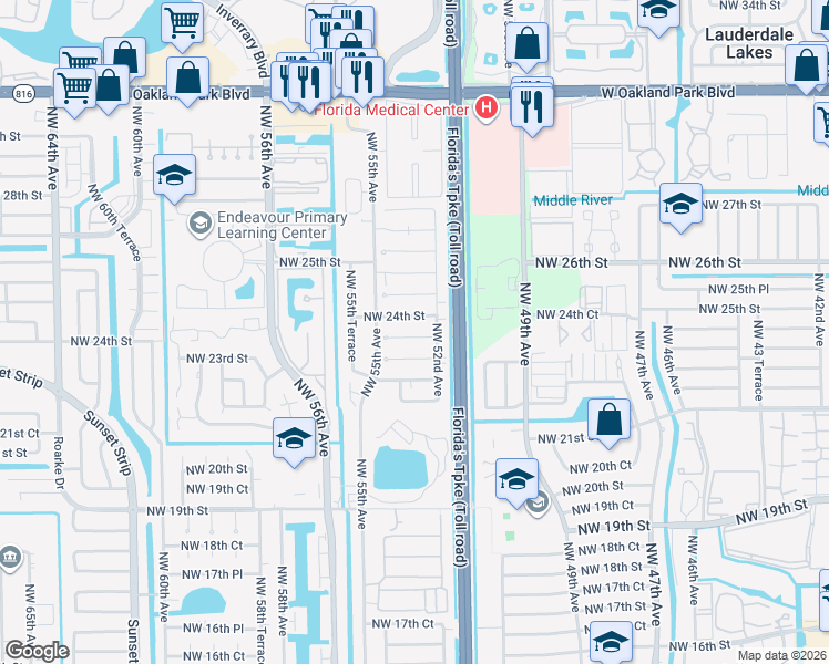 map of restaurants, bars, coffee shops, grocery stores, and more near 5307 Northwest 24th Street in Lauderhill