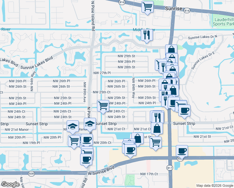 map of restaurants, bars, coffee shops, grocery stores, and more near 8631 Northwest 25th Court in Sunrise