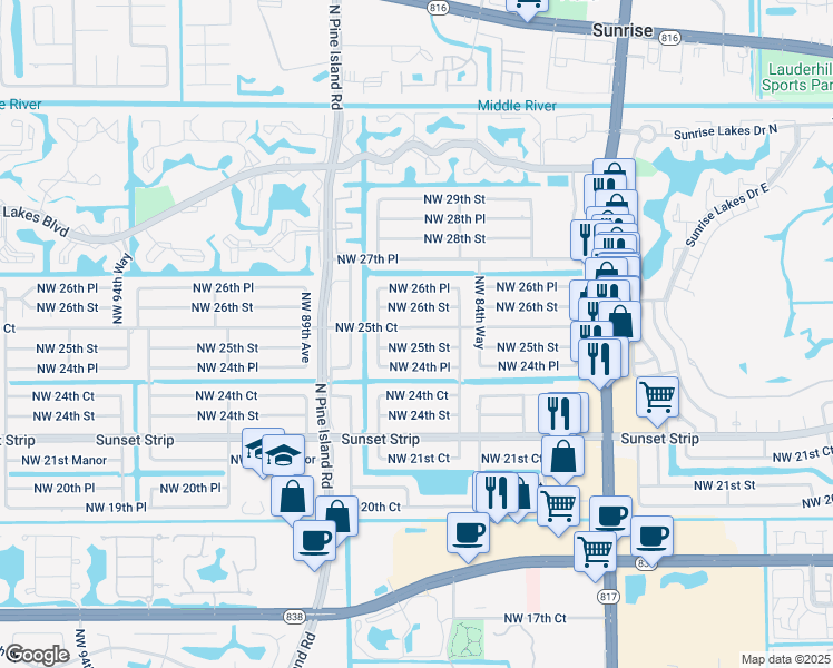 map of restaurants, bars, coffee shops, grocery stores, and more near 8631 Northwest 25th Court in Sunrise