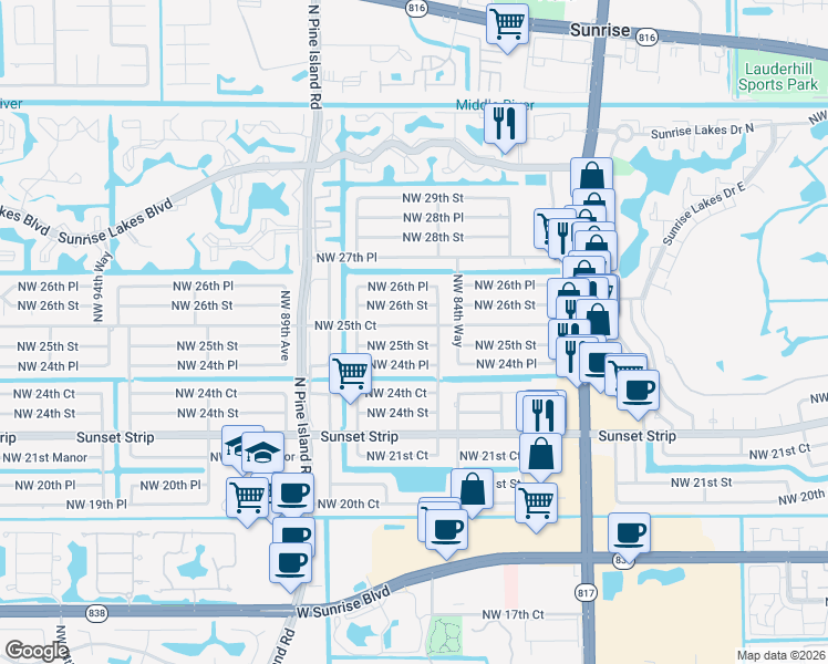 map of restaurants, bars, coffee shops, grocery stores, and more near 8520 Northwest 26th Street in Sunrise
