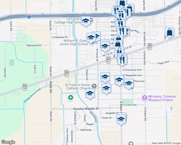 map of restaurants, bars, coffee shops, grocery stores, and more near 348 Dukes Dr in La Feria